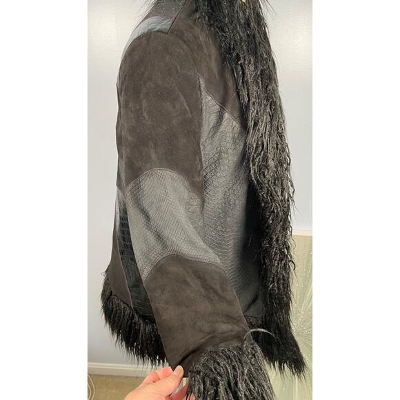 Free People Beatrix Patchwork Fur Hem Black Leather Coat Size XS - Picture 6 of 11